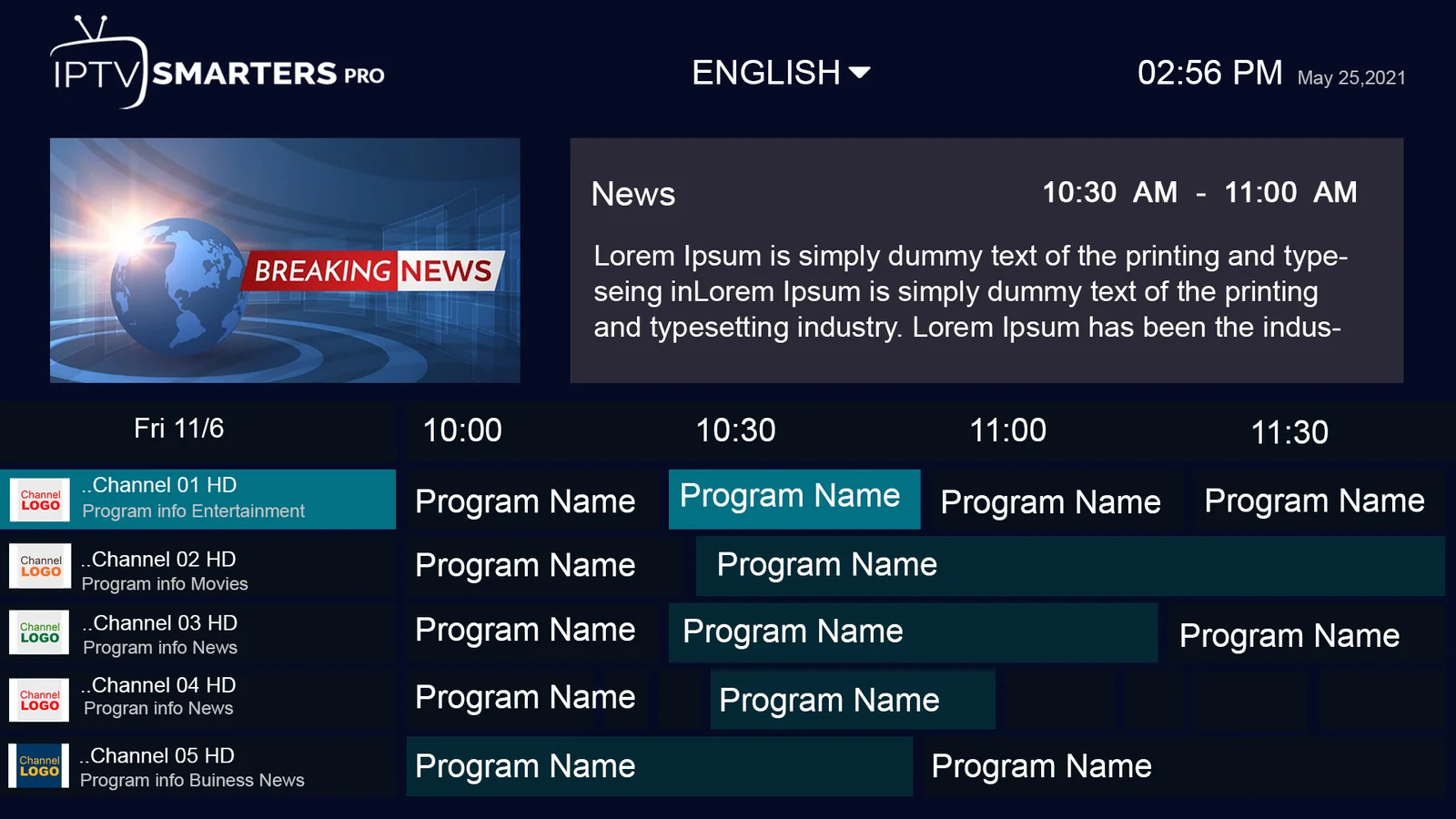 SonixIPTV Electronic Program Guide (EPG) with live TV schedule